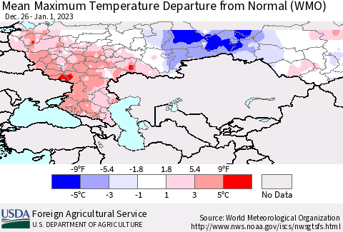 Russian Federation Mean Maximum Temperature Departure from Normal (WMO) Thematic Map For 12/26/2022 - 1/1/2023