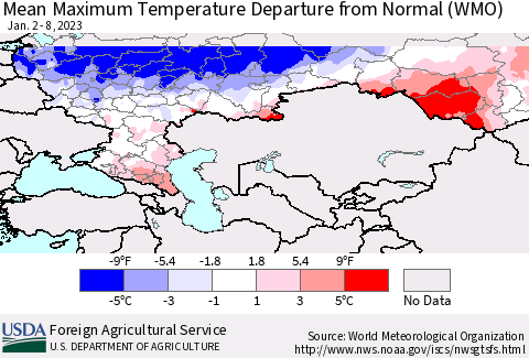 Russian Federation Mean Maximum Temperature Departure from Normal (WMO) Thematic Map For 1/2/2023 - 1/8/2023
