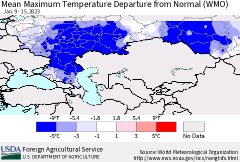 Russian Federation Mean Maximum Temperature Departure from Normal (WMO) Thematic Map For 1/9/2023 - 1/15/2023