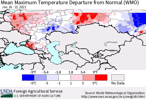 Russian Federation Mean Maximum Temperature Departure from Normal (WMO) Thematic Map For 1/16/2023 - 1/22/2023