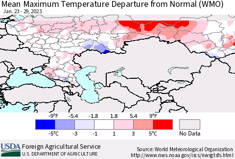Russian Federation Mean Maximum Temperature Departure from Normal (WMO) Thematic Map For 1/23/2023 - 1/29/2023