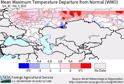 Russian Federation Mean Maximum Temperature Departure from Normal (WMO) Thematic Map For 1/30/2023 - 2/5/2023