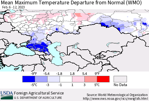 Russian Federation Mean Maximum Temperature Departure from Normal (WMO) Thematic Map For 2/6/2023 - 2/12/2023