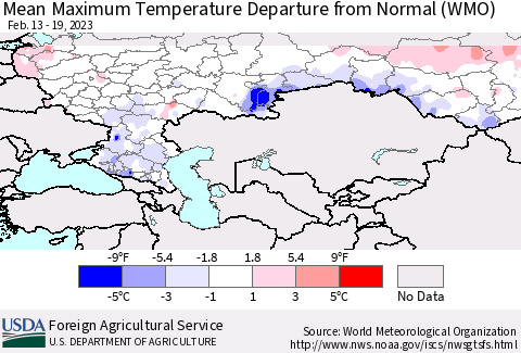 Russian Federation Mean Maximum Temperature Departure from Normal (WMO) Thematic Map For 2/13/2023 - 2/19/2023