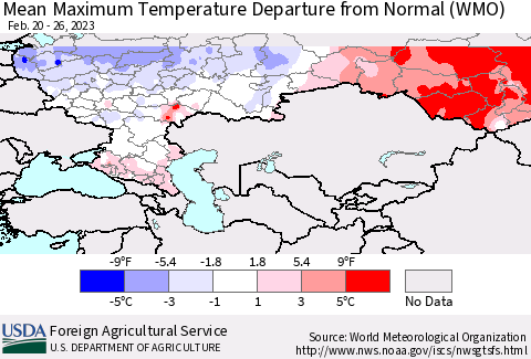 Russian Federation Mean Maximum Temperature Departure from Normal (WMO) Thematic Map For 2/20/2023 - 2/26/2023