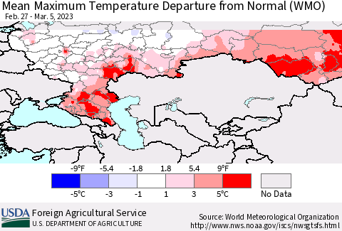 Russian Federation Mean Maximum Temperature Departure from Normal (WMO) Thematic Map For 2/27/2023 - 3/5/2023