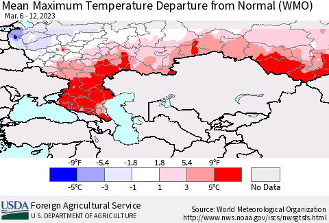Russian Federation Mean Maximum Temperature Departure from Normal (WMO) Thematic Map For 3/6/2023 - 3/12/2023