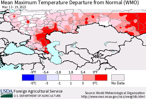 Russian Federation Mean Maximum Temperature Departure from Normal (WMO) Thematic Map For 3/13/2023 - 3/19/2023