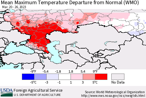 Russian Federation Mean Maximum Temperature Departure from Normal (WMO) Thematic Map For 3/20/2023 - 3/26/2023
