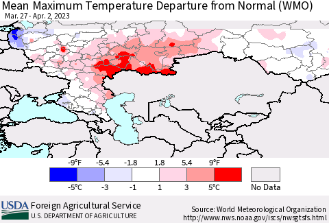 Russian Federation Mean Maximum Temperature Departure from Normal (WMO) Thematic Map For 3/27/2023 - 4/2/2023
