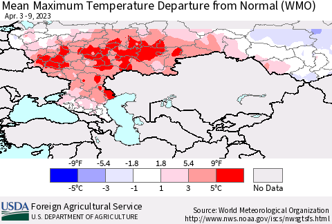 Russian Federation Mean Maximum Temperature Departure from Normal (WMO) Thematic Map For 4/3/2023 - 4/9/2023