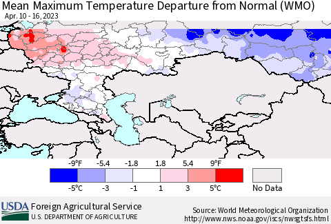 Russian Federation Mean Maximum Temperature Departure from Normal (WMO) Thematic Map For 4/10/2023 - 4/16/2023