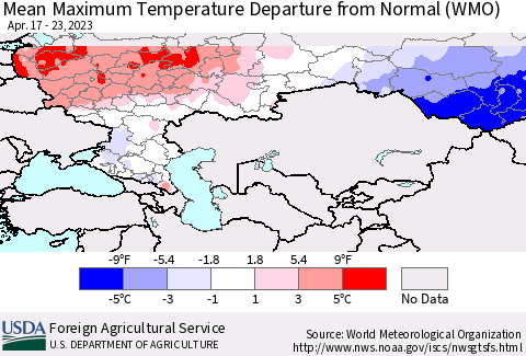 Russian Federation Mean Maximum Temperature Departure from Normal (WMO) Thematic Map For 4/17/2023 - 4/23/2023