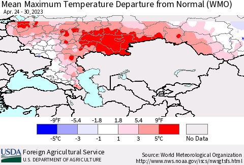 Russian Federation Mean Maximum Temperature Departure from Normal (WMO) Thematic Map For 4/24/2023 - 4/30/2023