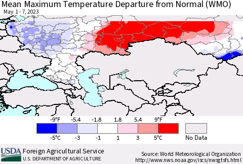 Russian Federation Mean Maximum Temperature Departure from Normal (WMO) Thematic Map For 5/1/2023 - 5/7/2023
