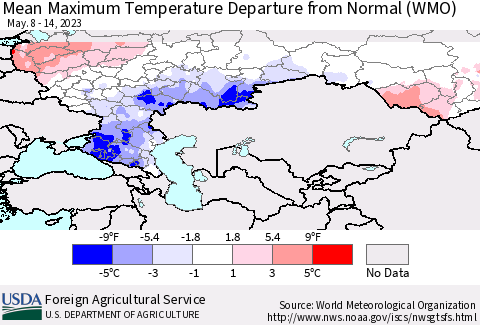 Russian Federation Mean Maximum Temperature Departure from Normal (WMO) Thematic Map For 5/8/2023 - 5/14/2023
