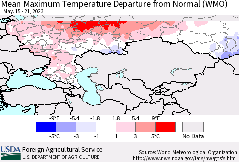Russian Federation Mean Maximum Temperature Departure from Normal (WMO) Thematic Map For 5/15/2023 - 5/21/2023