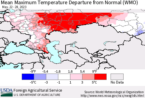 Russian Federation Mean Maximum Temperature Departure from Normal (WMO) Thematic Map For 5/22/2023 - 5/28/2023