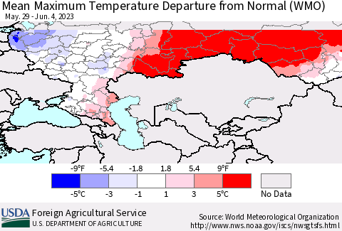 Russian Federation Mean Maximum Temperature Departure from Normal (WMO) Thematic Map For 5/29/2023 - 6/4/2023