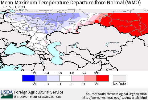 Russian Federation Mean Maximum Temperature Departure from Normal (WMO) Thematic Map For 6/5/2023 - 6/11/2023