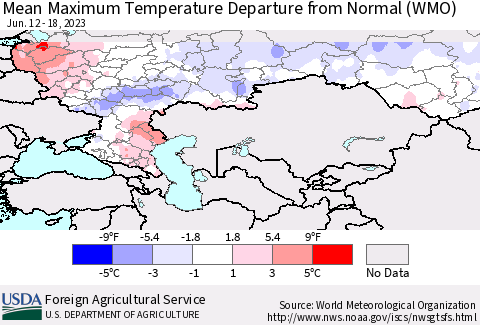 Russian Federation Mean Maximum Temperature Departure from Normal (WMO) Thematic Map For 6/12/2023 - 6/18/2023