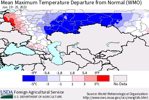 Russian Federation Mean Maximum Temperature Departure from Normal (WMO) Thematic Map For 6/19/2023 - 6/25/2023