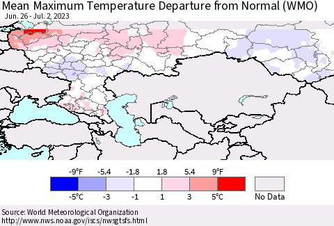 Russian Federation Mean Maximum Temperature Departure from Normal (WMO) Thematic Map For 6/26/2023 - 7/2/2023