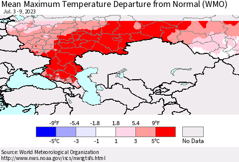 Russian Federation Mean Maximum Temperature Departure from Normal (WMO) Thematic Map For 7/3/2023 - 7/9/2023