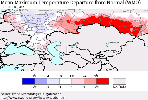 Russian Federation Mean Maximum Temperature Departure from Normal (WMO) Thematic Map For 7/10/2023 - 7/16/2023