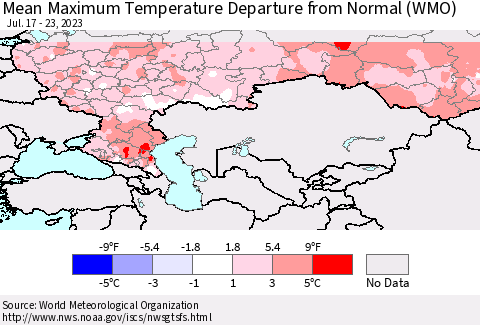 Russian Federation Mean Maximum Temperature Departure from Normal (WMO) Thematic Map For 7/17/2023 - 7/23/2023