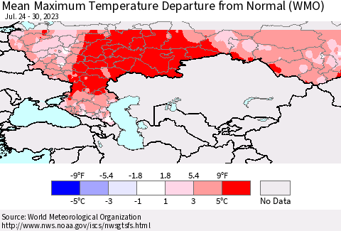Russian Federation Mean Maximum Temperature Departure from Normal (WMO) Thematic Map For 7/24/2023 - 7/30/2023