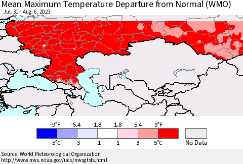 Russian Federation Mean Maximum Temperature Departure from Normal (WMO) Thematic Map For 7/31/2023 - 8/6/2023
