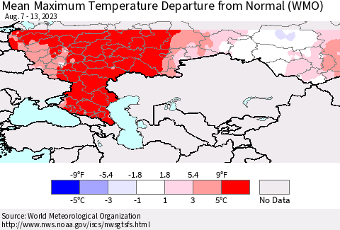 Russian Federation Mean Maximum Temperature Departure from Normal (WMO) Thematic Map For 8/7/2023 - 8/13/2023