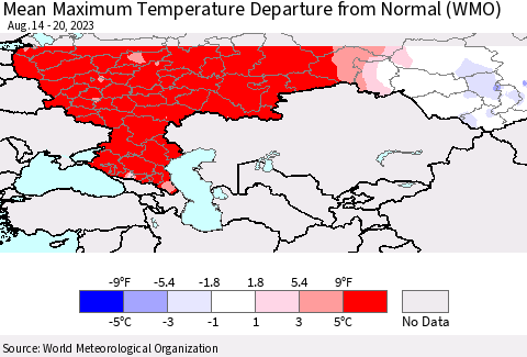 Russian Federation Mean Maximum Temperature Departure from Normal (WMO) Thematic Map For 8/14/2023 - 8/20/2023