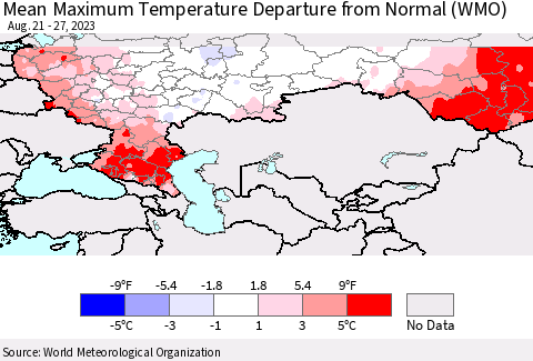 Russian Federation Mean Maximum Temperature Departure from Normal (WMO) Thematic Map For 8/21/2023 - 8/27/2023