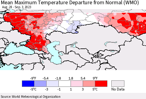 Russian Federation Mean Maximum Temperature Departure from Normal (WMO) Thematic Map For 8/28/2023 - 9/3/2023