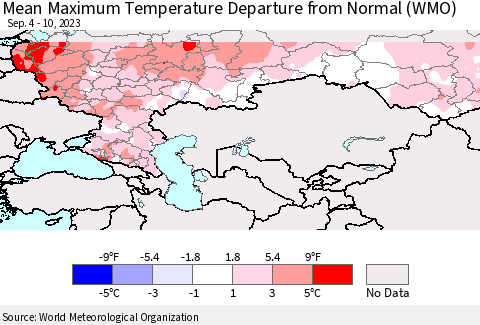Russian Federation Mean Maximum Temperature Departure from Normal (WMO) Thematic Map For 9/4/2023 - 9/10/2023