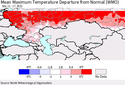 Russian Federation Mean Maximum Temperature Departure from Normal (WMO) Thematic Map For 9/11/2023 - 9/17/2023