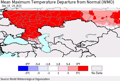 Russian Federation Mean Maximum Temperature Departure from Normal (WMO) Thematic Map For 9/18/2023 - 9/24/2023