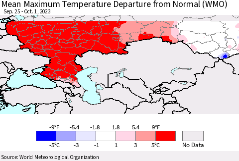 Russian Federation Mean Maximum Temperature Departure from Normal (WMO) Thematic Map For 9/25/2023 - 10/1/2023