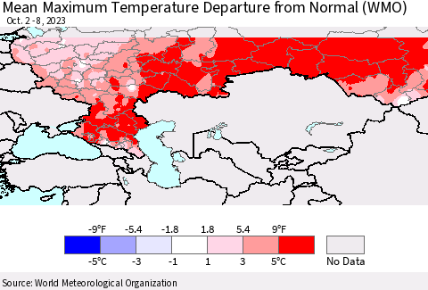 Russian Federation Mean Maximum Temperature Departure from Normal (WMO) Thematic Map For 10/2/2023 - 10/8/2023