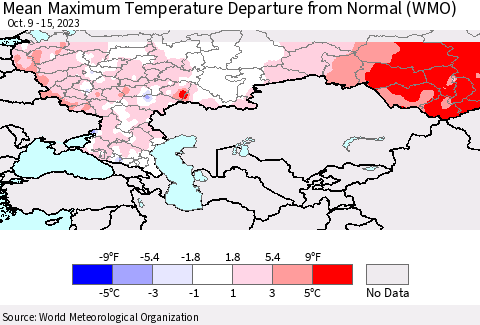 Russian Federation Mean Maximum Temperature Departure from Normal (WMO) Thematic Map For 10/9/2023 - 10/15/2023