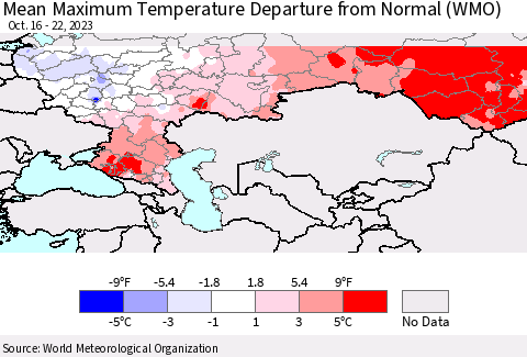 Russian Federation Mean Maximum Temperature Departure from Normal (WMO) Thematic Map For 10/16/2023 - 10/22/2023