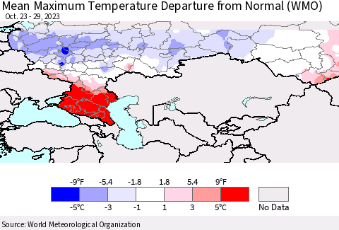 Russian Federation Mean Maximum Temperature Departure from Normal (WMO) Thematic Map For 10/23/2023 - 10/29/2023