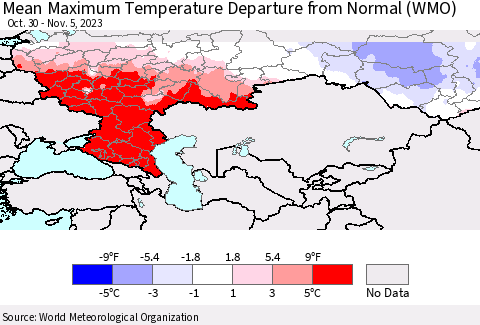 Russian Federation Mean Maximum Temperature Departure from Normal (WMO) Thematic Map For 10/30/2023 - 11/5/2023