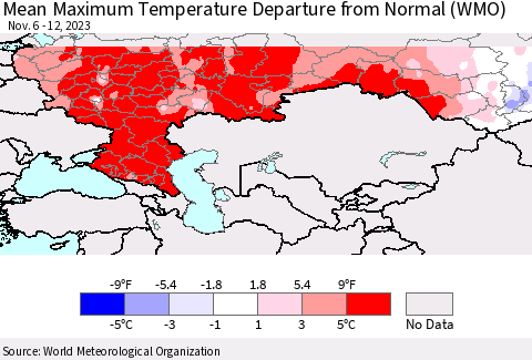 Russian Federation Mean Maximum Temperature Departure from Normal (WMO) Thematic Map For 11/6/2023 - 11/12/2023