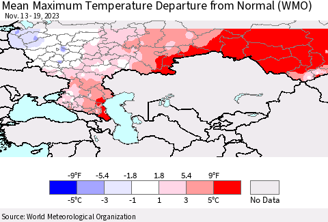 Russian Federation Mean Maximum Temperature Departure from Normal (WMO) Thematic Map For 11/13/2023 - 11/19/2023