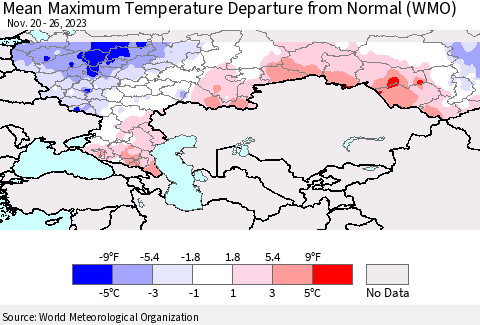 Russian Federation Mean Maximum Temperature Departure from Normal (WMO) Thematic Map For 11/20/2023 - 11/26/2023