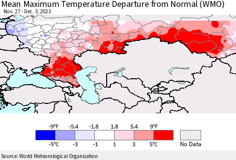 Russian Federation Mean Maximum Temperature Departure from Normal (WMO) Thematic Map For 11/27/2023 - 12/3/2023