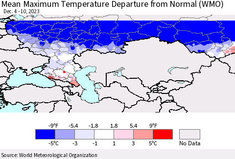 Russian Federation Mean Maximum Temperature Departure from Normal (WMO) Thematic Map For 12/4/2023 - 12/10/2023